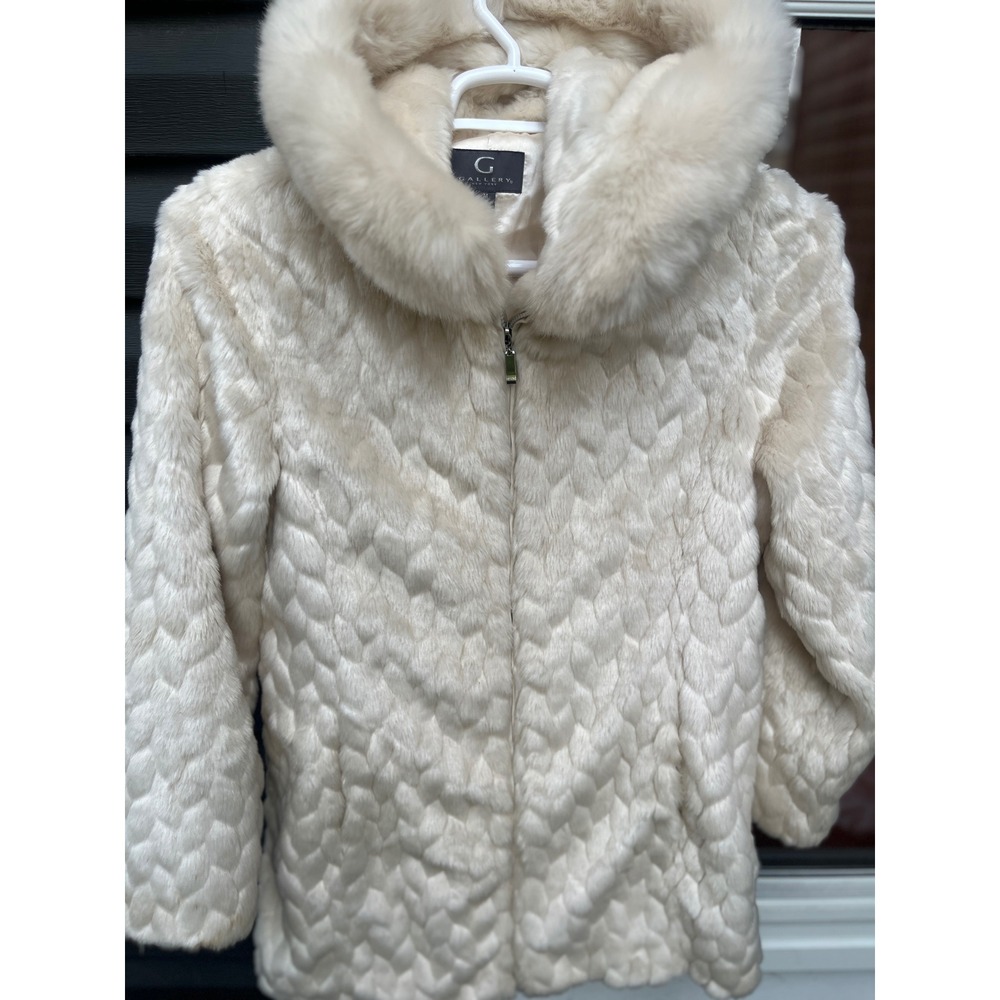Gallery New York Womens Ivory Faux Fur Hooded Zip Up Jacket Coat Cream Size M